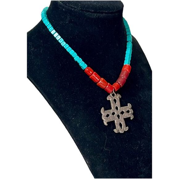 VTG Native American Turquoise & Red Coral Cross Necklace Sterling Silver Pendant - Picture 2 of 15